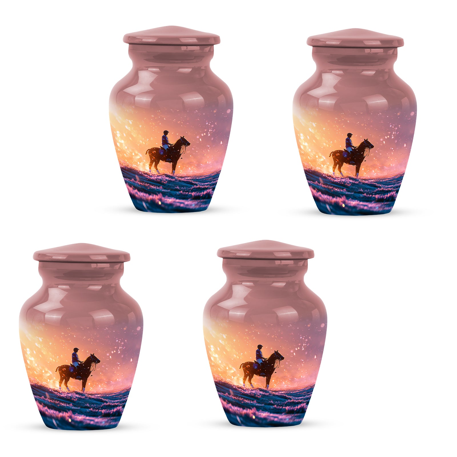 Rich Red Horse Polo Cremation Urn side profile showing urn shape - elegant classic horse polo relief with fine detailing - 10 inch aluminum urn for cremated remains