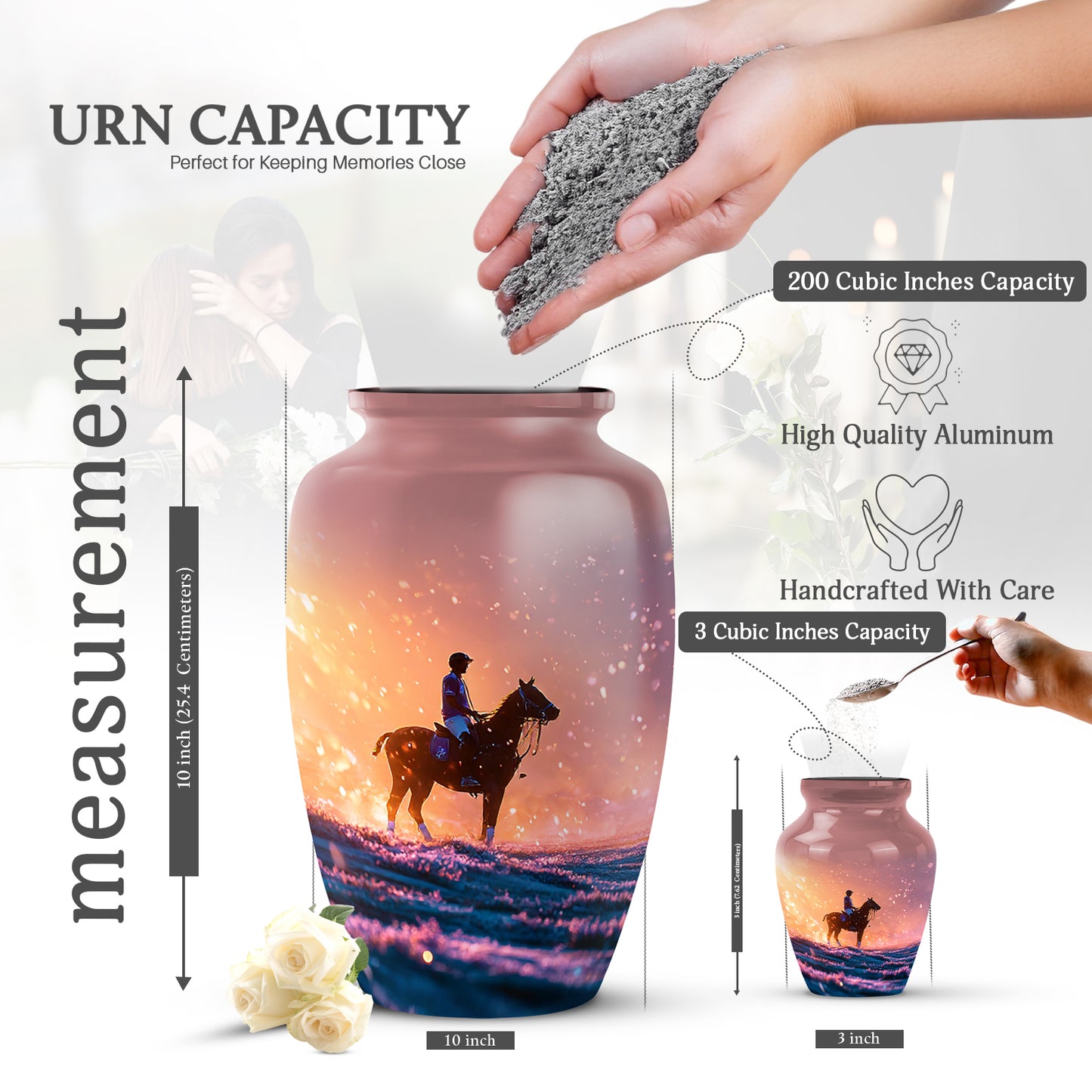 Wine Red Horse Polo Cremation Urn close-up of engraving and surface detail - classic sculpted horse polo pattern on smooth aluminum - mini keepsake memorial for portion of cremation ashes