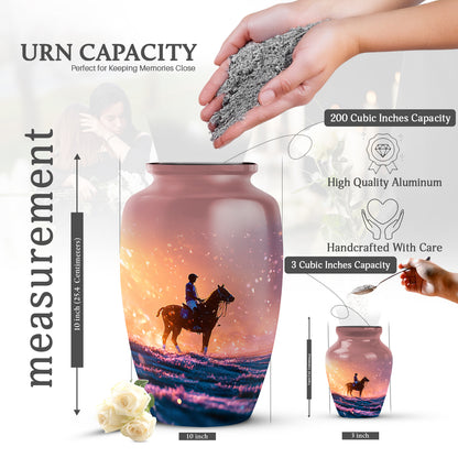 Wine Red Horse Polo Cremation Urn close-up of engraving and surface detail - classic sculpted horse polo pattern on smooth aluminum - mini keepsake memorial for portion of cremation ashes