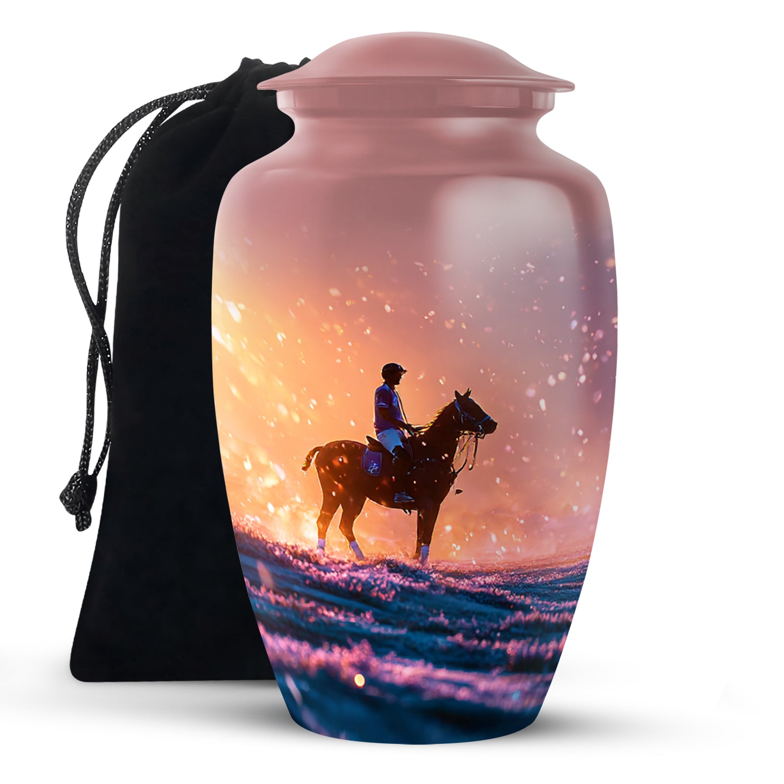 Crimson Red Horse Polo Cremation Urn angled view of lid and engraved motif - classic sculpted horse polo pattern on smooth aluminum - full-size 10 inch 200 cubic inch adult cremation urn