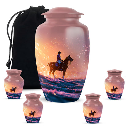 Scarlet Red Horse Polo Cremation Urn top-down view of secure threaded lid - traditional horse polo engraving with hand-polished finish - memorial set with one large and four small urns