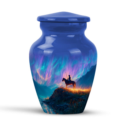 Blue Stately Horse Polo Cremation Urns for Human Ashes - 10-inch, 200 cu in - Yatskia