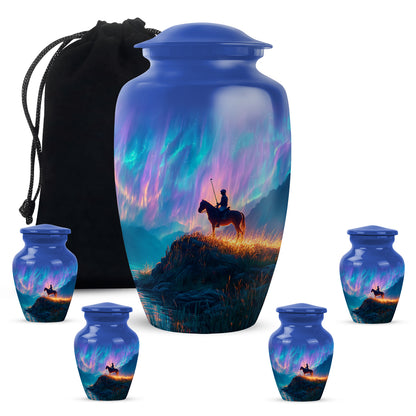 Soft Blue Horse Polo Cremation Urn top-down view of secure threaded lid - traditional horse polo engraving with hand-polished finish - memorial set with one large and four small urns