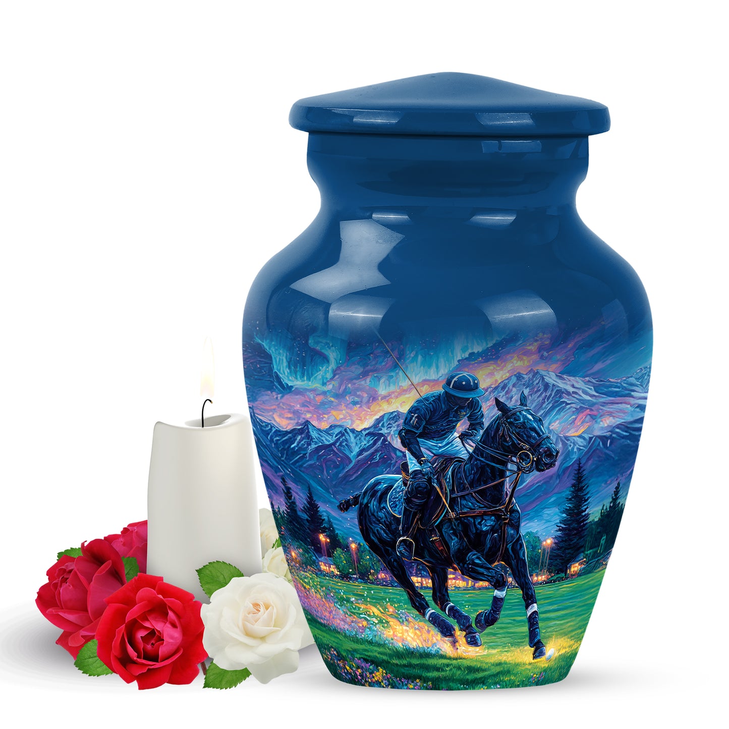 Personalized Eternal Horse Polo Cremation Urns - Blue 10-inch, 200 cu in - Yatskia