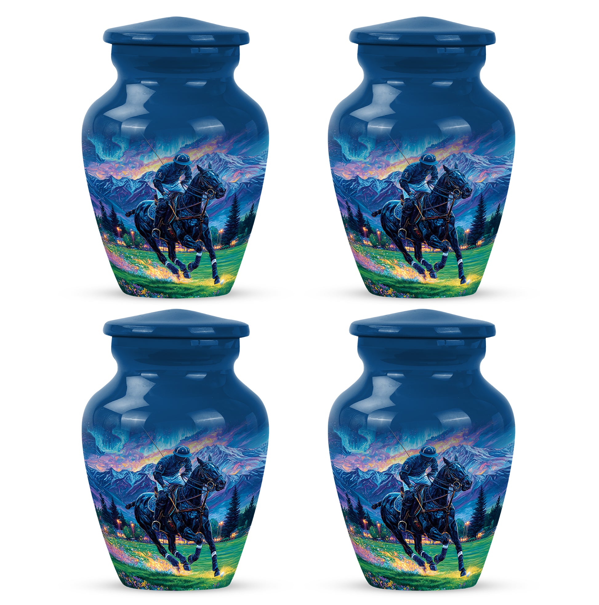 Calming Blue Horse Polo Cremation Urn side profile showing urn shape - elegant classic horse polo relief with fine detailing - 10 inch aluminum urn for cremated remains