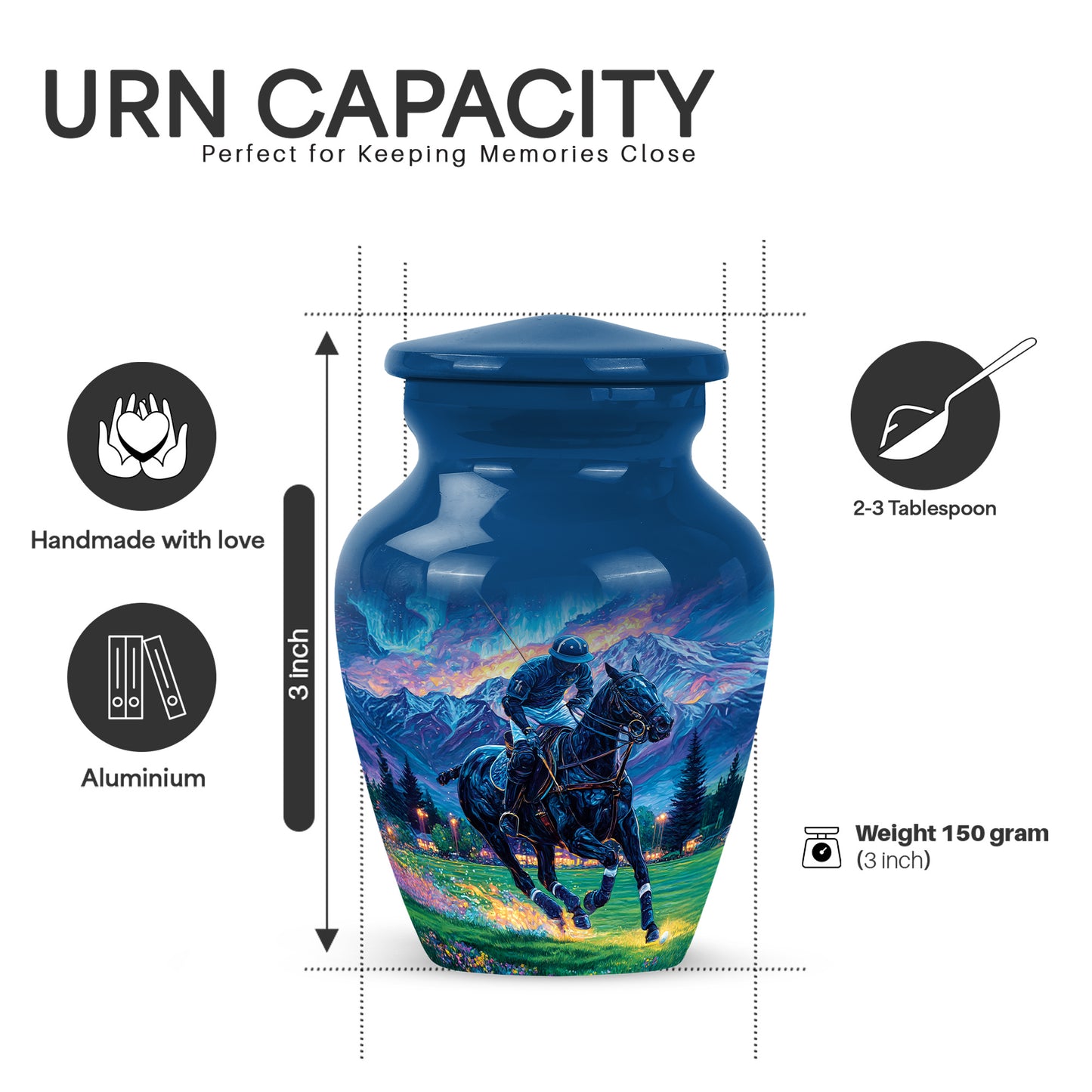 Powder Blue Horse Polo Cremation Urn close-up of engraving and surface detail - classic sculpted horse polo pattern on smooth aluminum - mini keepsake memorial for portion of cremation ashes