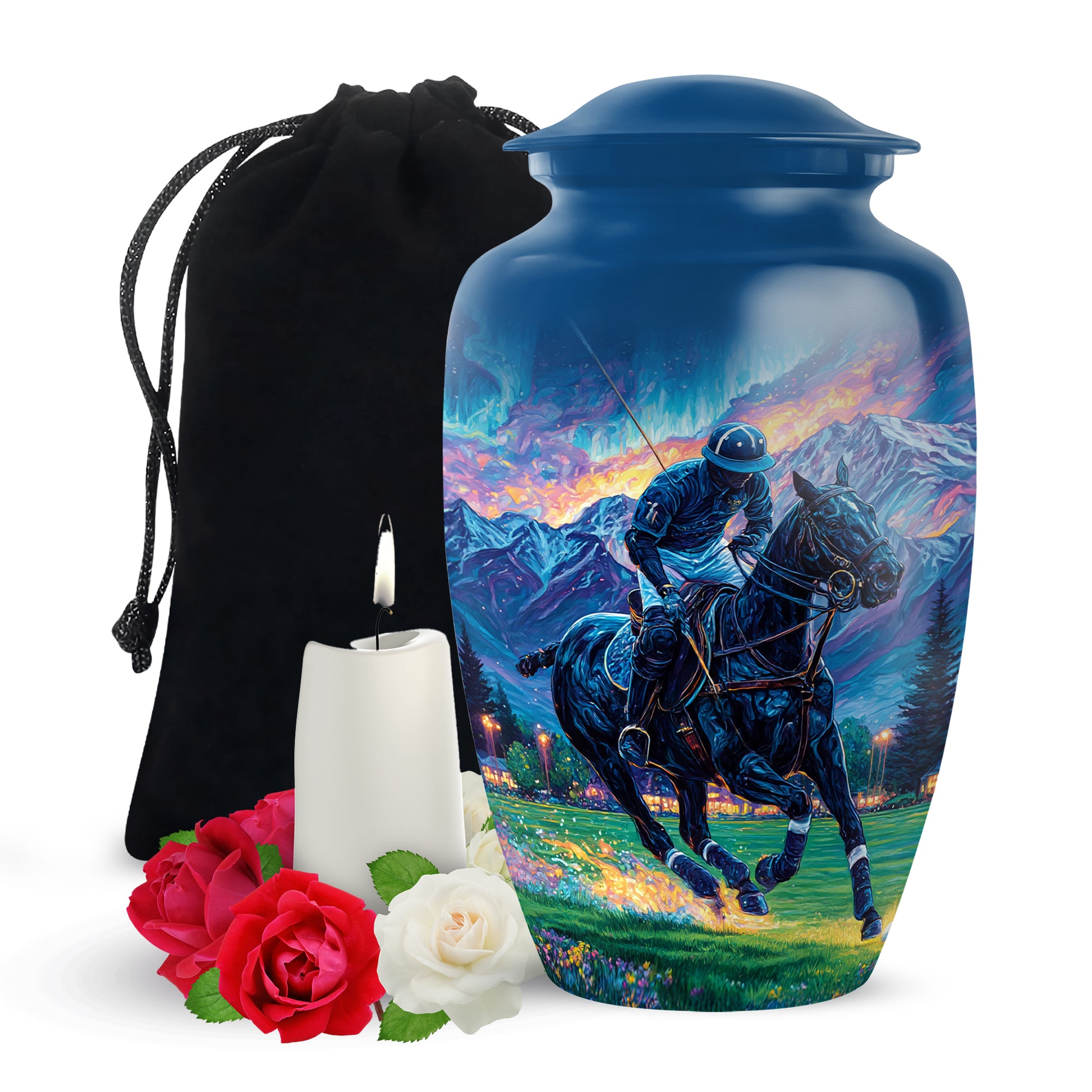 Pastel Blue Horse Polo Cremation Urn angled view of lid and engraved motif - classic sculpted horse polo pattern on smooth aluminum - full-size 10 inch 200 cubic inch adult cremation urn