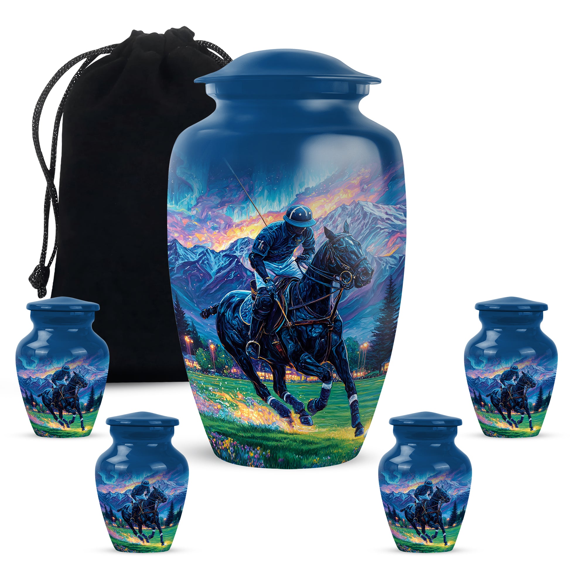 Powder Blue Horse Polo Cremation Urn top-down view of secure threaded lid - timeless horse polo motif etched into premium metal - memorial set with one large and four small urns