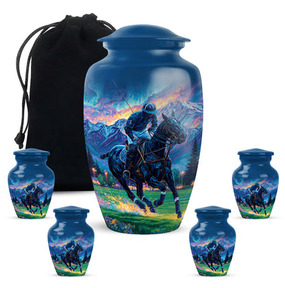 Powder Blue Horse Polo Cremation Urn top-down view of secure threaded lid - timeless horse polo motif etched into premium metal - memorial set with one large and four small urns