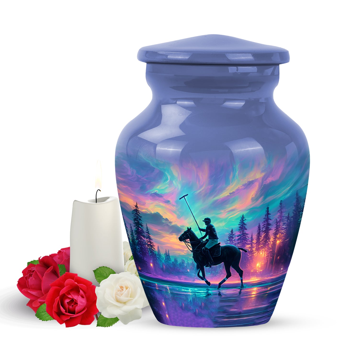 Distinguished Blue Horse Polo Cremation Urn for Ashes - 10-inch, 200 cu in - Yatskia