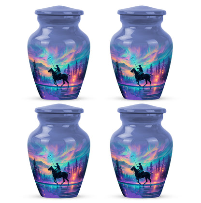 Navy Blue Horse Polo Cremation Urn side profile showing urn shape - classic sculpted horse polo pattern on smooth aluminum - 10 inch aluminum urn for cremated remains