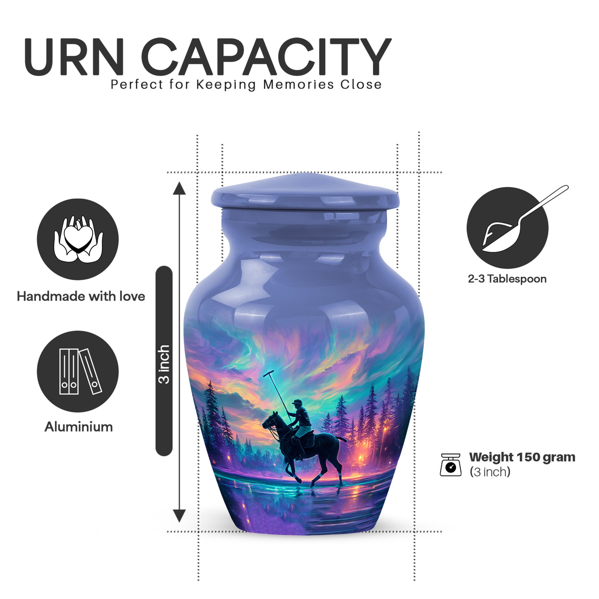 Indigo Horse Polo Cremation Urn close-up of engraving and surface detail - classic sculpted horse polo pattern on smooth aluminum - mini keepsake memorial for portion of cremation ashes