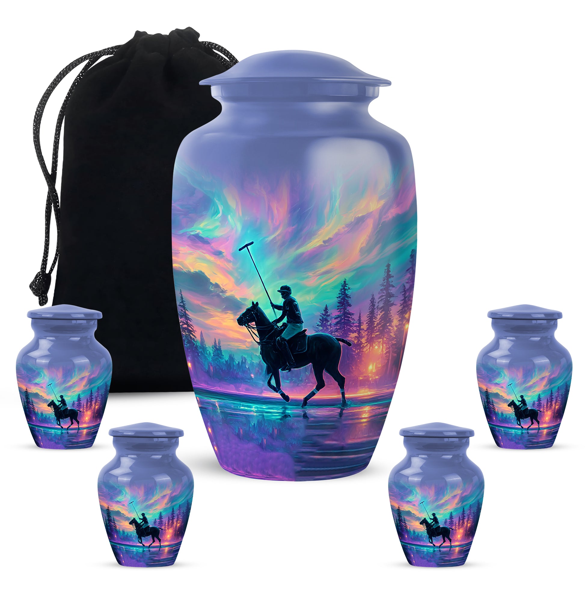 Pastel Blue Horse Polo Cremation Urn top-down view of secure threaded lid - timeless horse polo motif etched into premium metal - memorial set with one large and four small urns