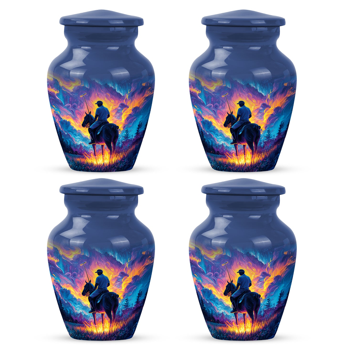 Powder Blue Horse Polo Cremation Urn side profile showing urn shape - classic sculpted horse polo pattern on smooth aluminum - 10 inch aluminum urn for cremated remains