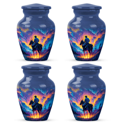 Powder Blue Horse Polo Cremation Urn side profile showing urn shape - classic sculpted horse polo pattern on smooth aluminum - 10 inch aluminum urn for cremated remains