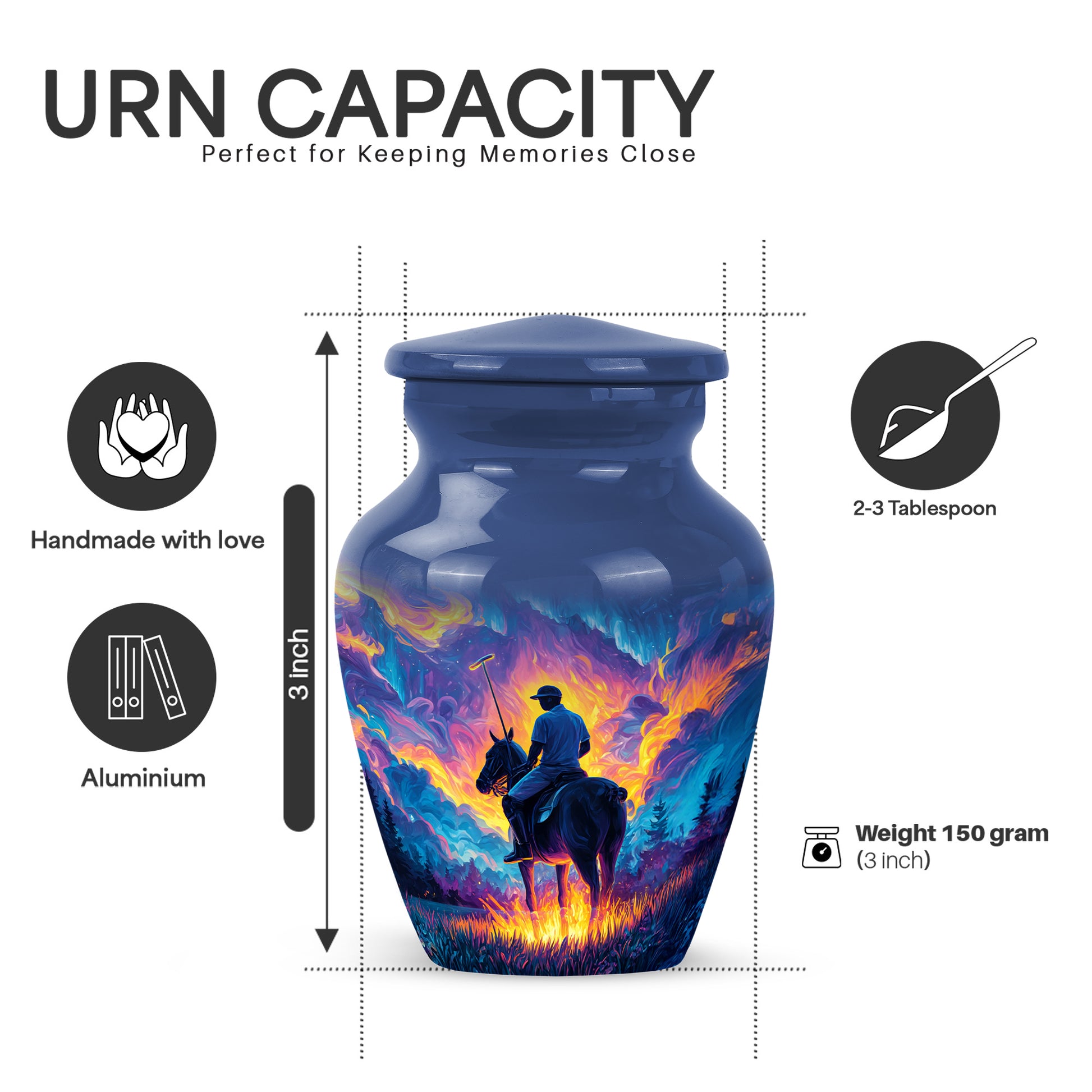 Cobalt Blue Horse Polo Cremation Urn close-up of engraving and surface detail - elegant classic horse polo relief with fine detailing - mini keepsake memorial for portion of cremation ashes