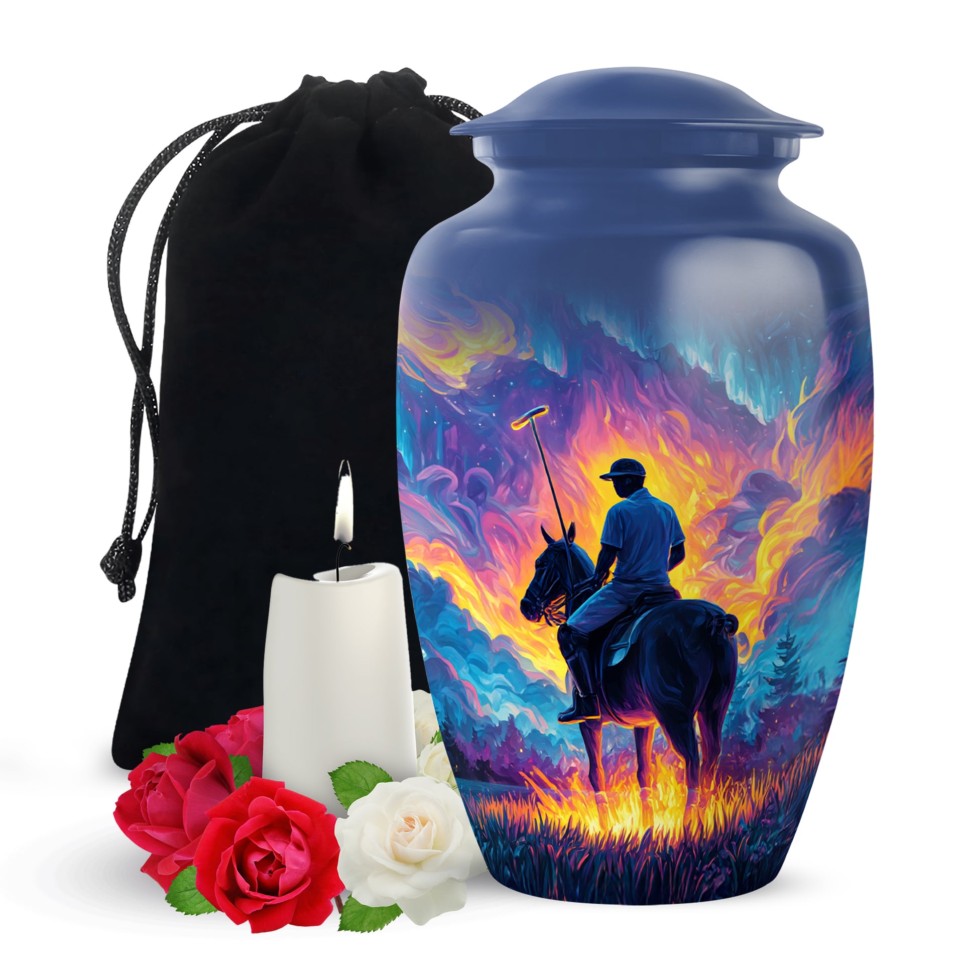 Serene Blue Horse Polo Cremation Urn angled view of lid and engraved motif - elegant classic horse polo relief with fine detailing - full-size 10 inch 200 cubic inch adult cremation urn