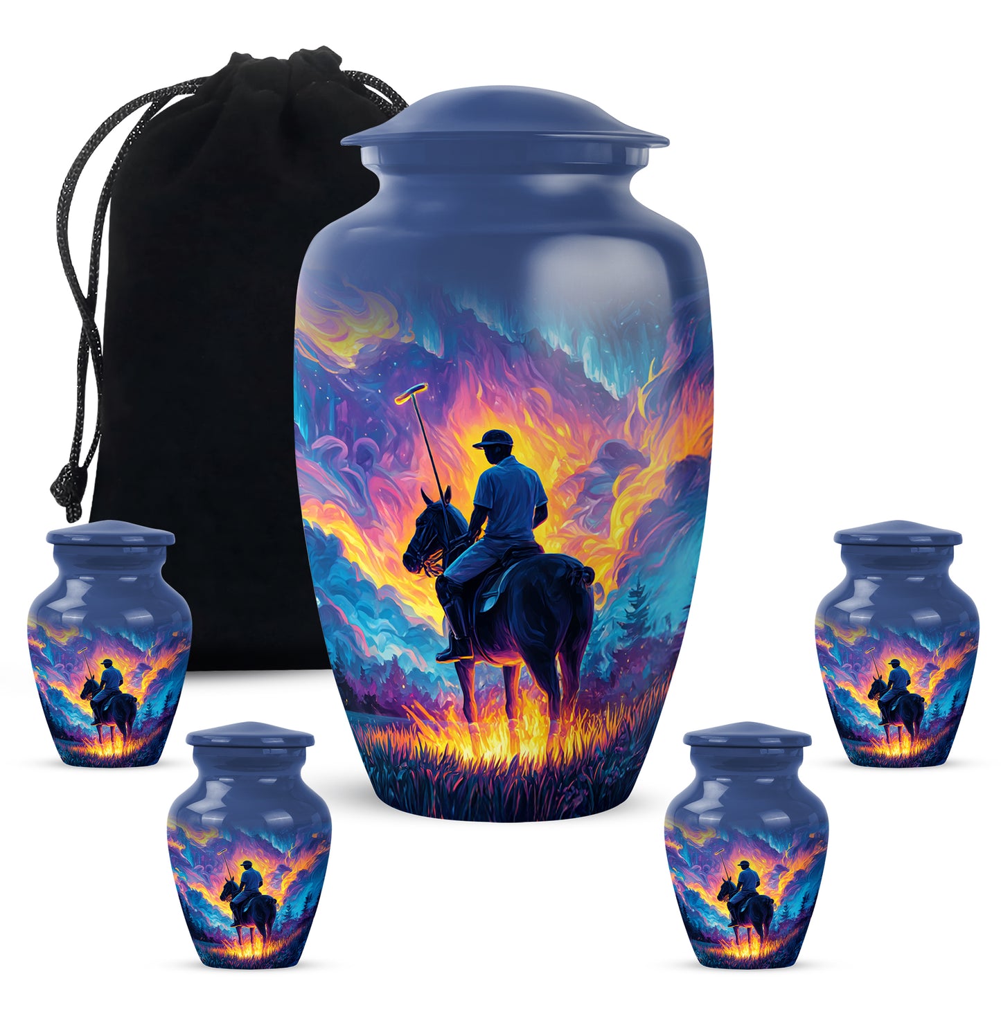 Indigo Horse Polo Cremation Urn top-down view of secure threaded lid - classic sculpted horse polo pattern on smooth aluminum - memorial set with one large and four small urns