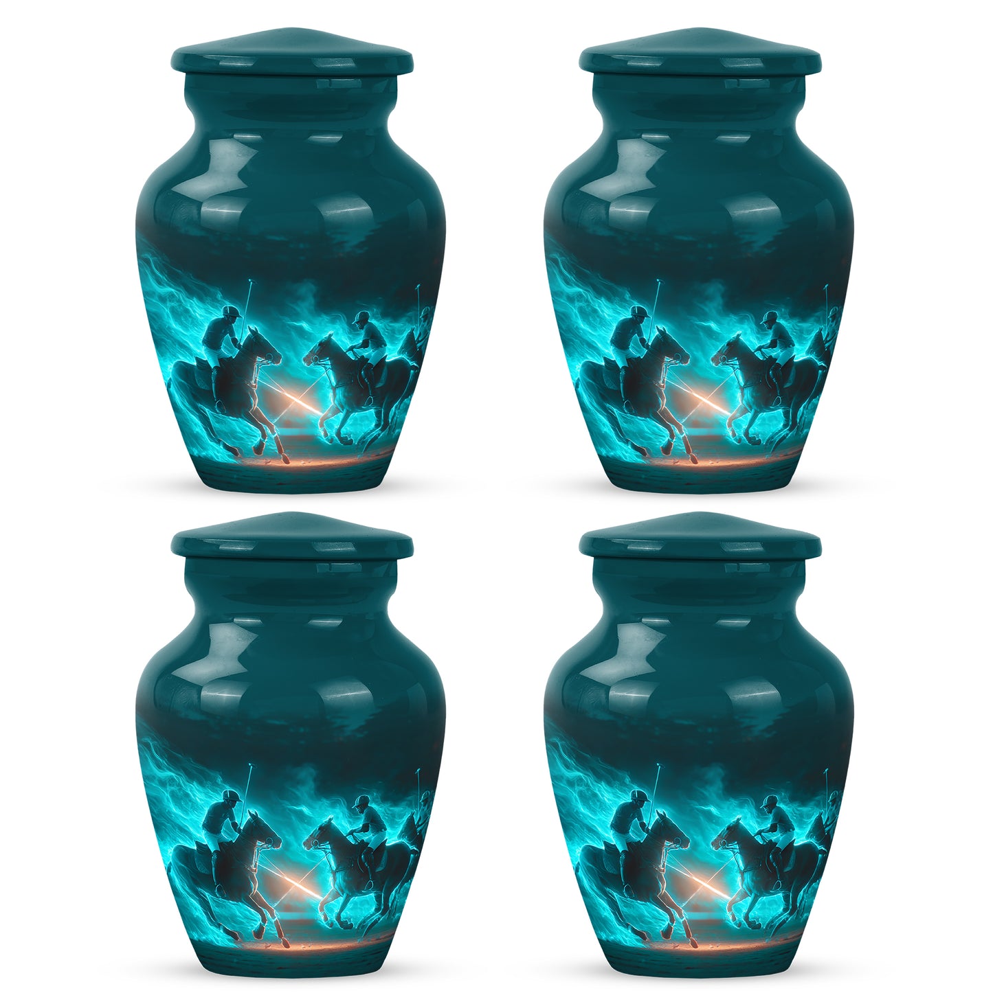 Soft Teal Horse Polo Cremation Urn side profile showing urn shape - classic sculpted horse polo pattern on smooth aluminum - 10 inch aluminum urn for cremated remains
