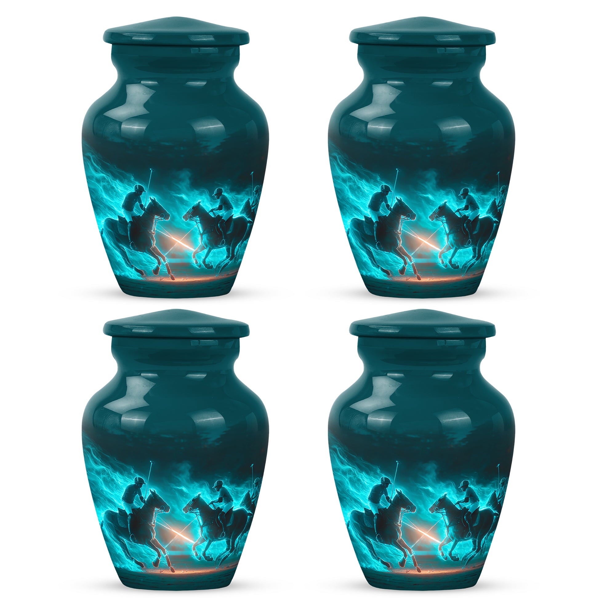 Soft Teal Horse Polo Cremation Urn side profile showing urn shape - classic sculpted horse polo pattern on smooth aluminum - 10 inch aluminum urn for cremated remains