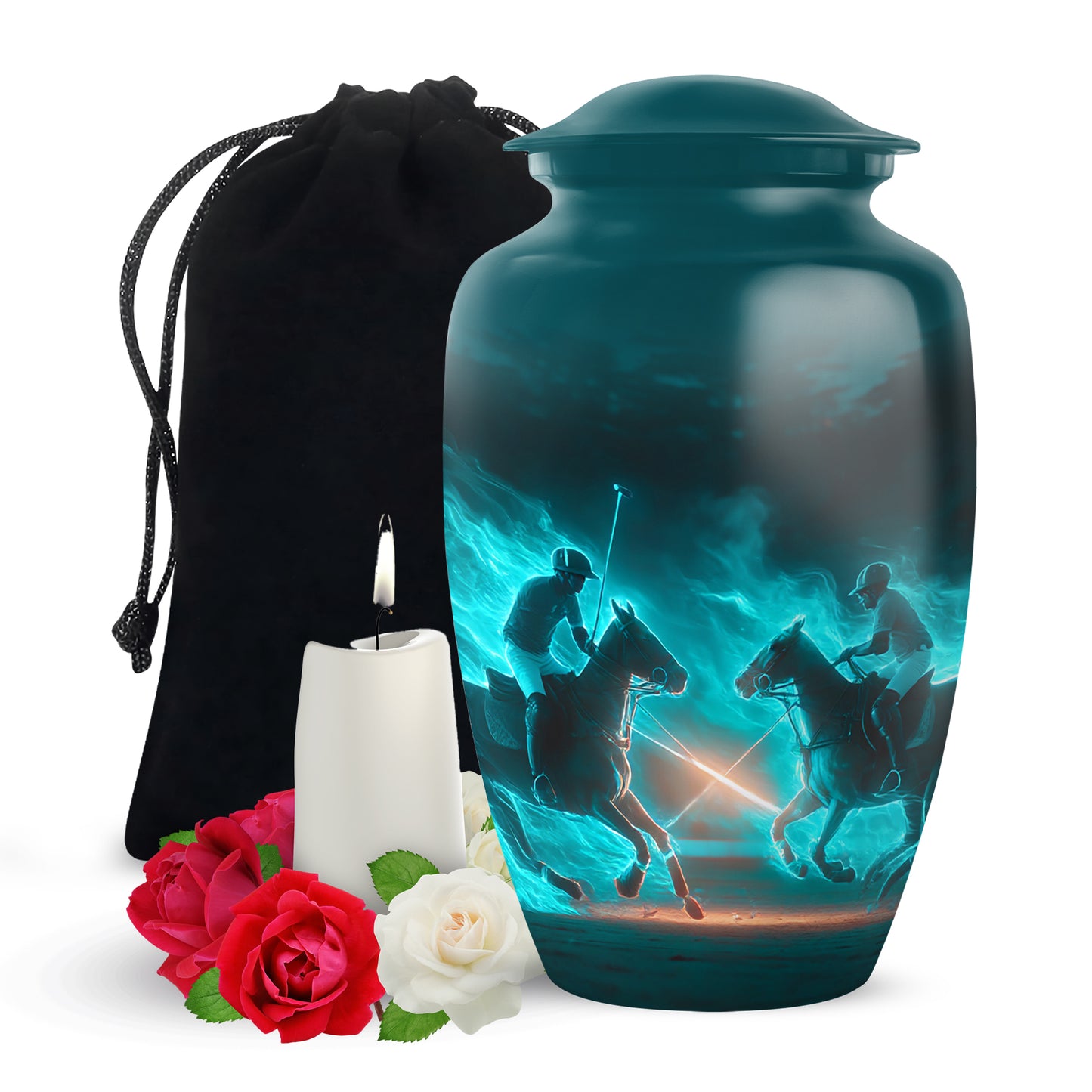 Mystic Teal Horse Polo Cremation Urn angled view of lid and engraved motif - traditional horse polo engraving with hand-polished finish - full-size 10 inch 200 cubic inch adult cremation urn