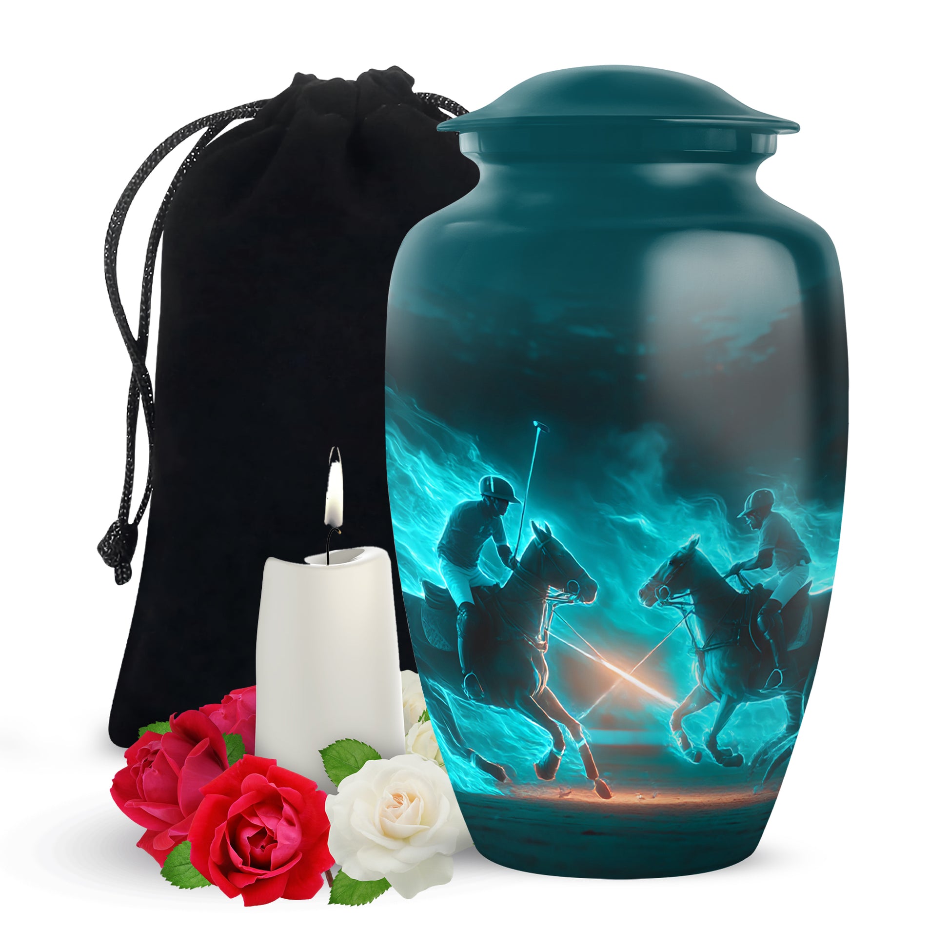 Mystic Teal Horse Polo Cremation Urn angled view of lid and engraved motif - traditional horse polo engraving with hand-polished finish - full-size 10 inch 200 cubic inch adult cremation urn