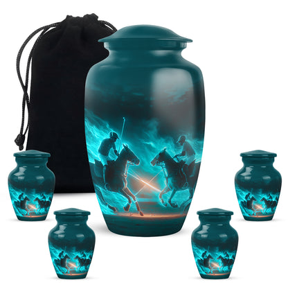 Ocean Teal Horse Polo Cremation Urn top-down view of secure threaded lid - classic sculpted horse polo pattern on smooth aluminum - memorial set with one large and four small urns