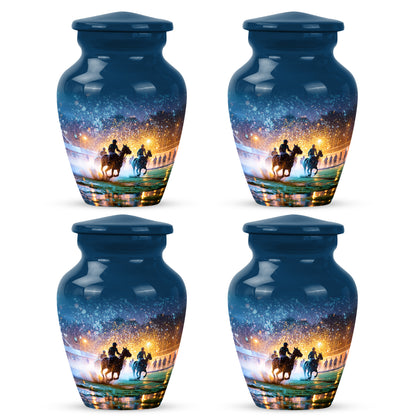 Navy Blue Horse Polo Cremation Urn side profile showing urn shape - classic sculpted horse polo pattern on smooth aluminum - 10 inch aluminum urn for cremated remains