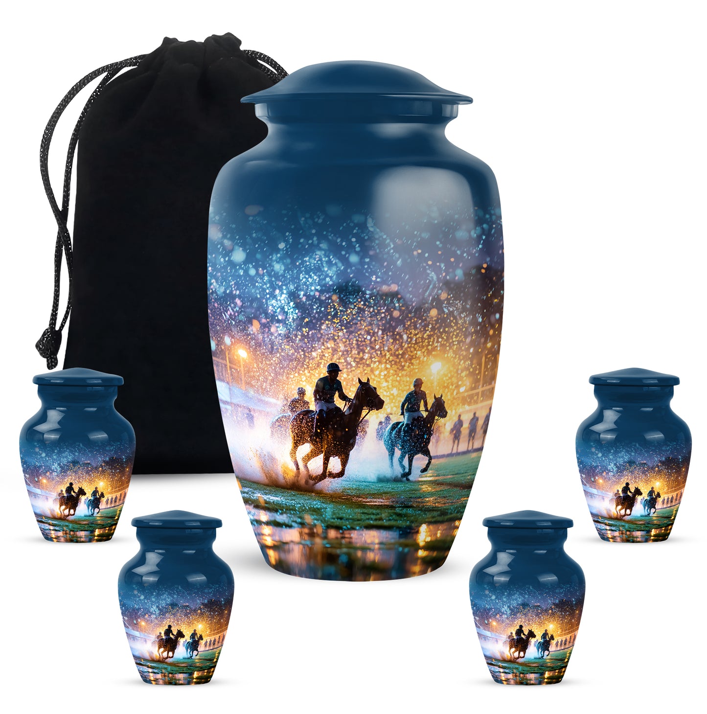 Soft Blue Horse Polo Cremation Urn top-down view of secure threaded lid - elegant classic horse polo relief with fine detailing - memorial set with one large and four small urns