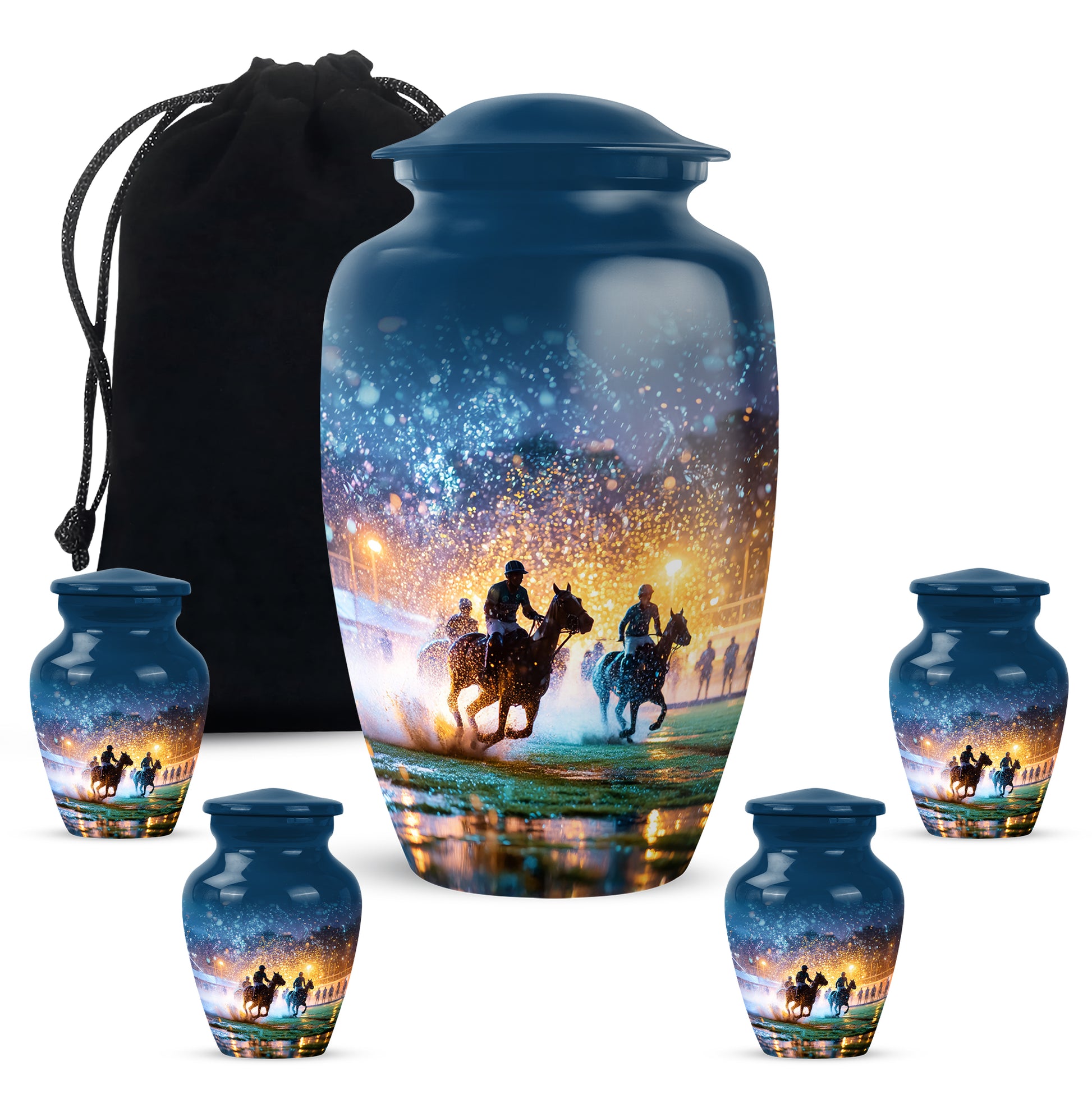 Soft Blue Horse Polo Cremation Urn top-down view of secure threaded lid - elegant classic horse polo relief with fine detailing - memorial set with one large and four small urns