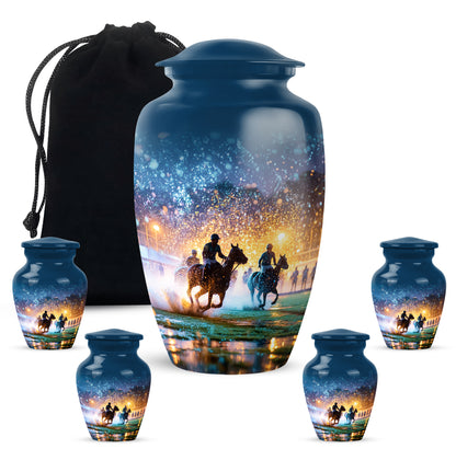 Soft Blue Horse Polo Cremation Urn top-down view of secure threaded lid - elegant classic horse polo relief with fine detailing - memorial set with one large and four small urns
