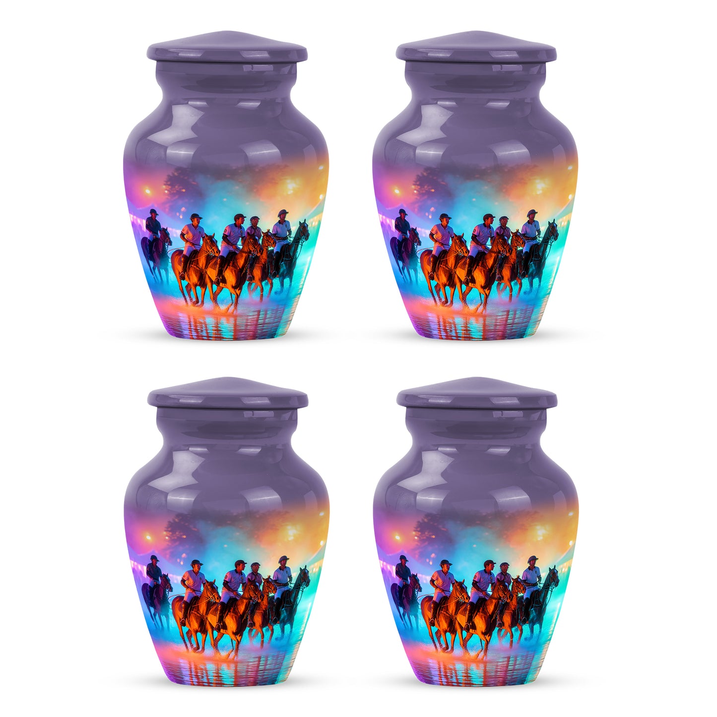 Twilight Purple Horse Polo Cremation Urn side profile showing urn shape - elegant classic horse polo relief with fine detailing - 10 inch aluminum urn for cremated remains