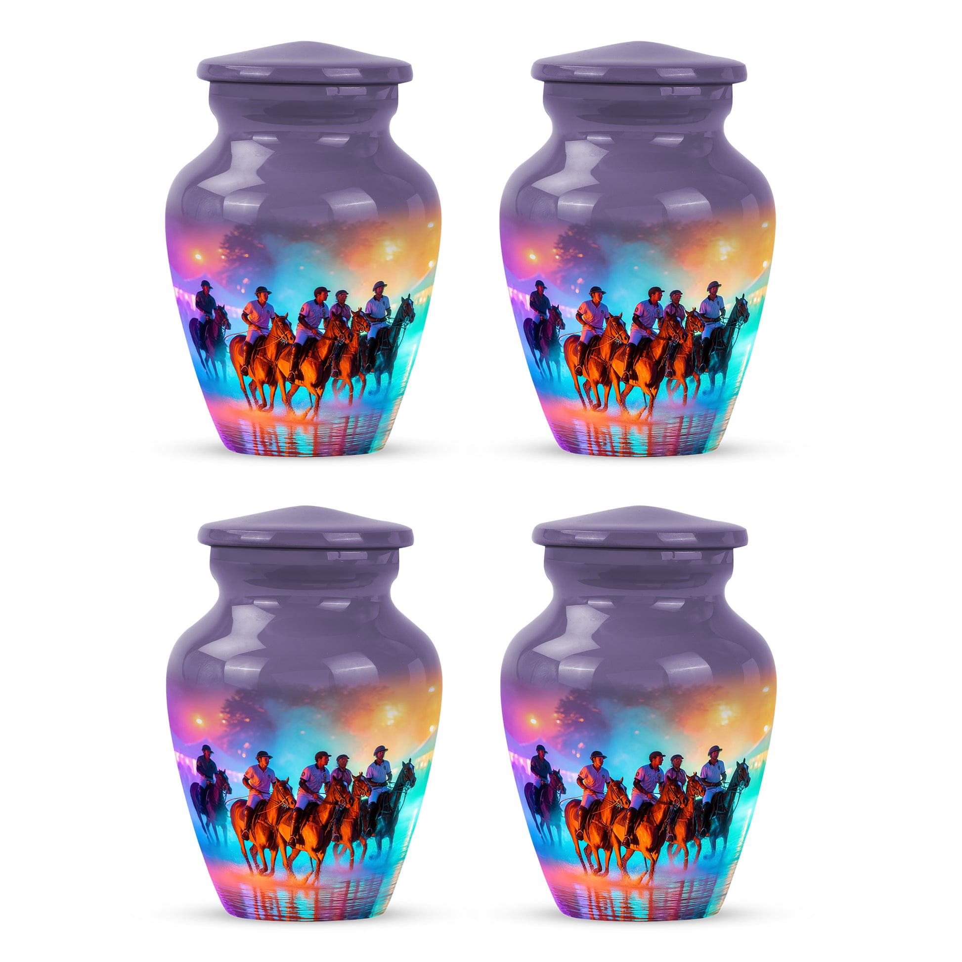 Twilight Purple Horse Polo Cremation Urn side profile showing urn shape - elegant classic horse polo relief with fine detailing - 10 inch aluminum urn for cremated remains