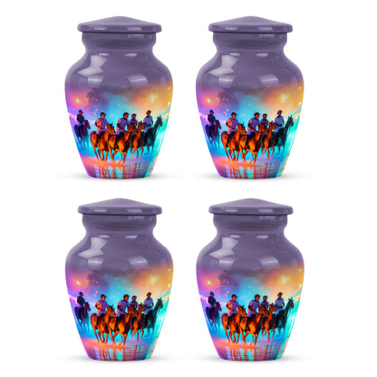 Twilight Purple Horse Polo Cremation Urn side profile showing urn shape - elegant classic horse polo relief with fine detailing - 10 inch aluminum urn for cremated remains