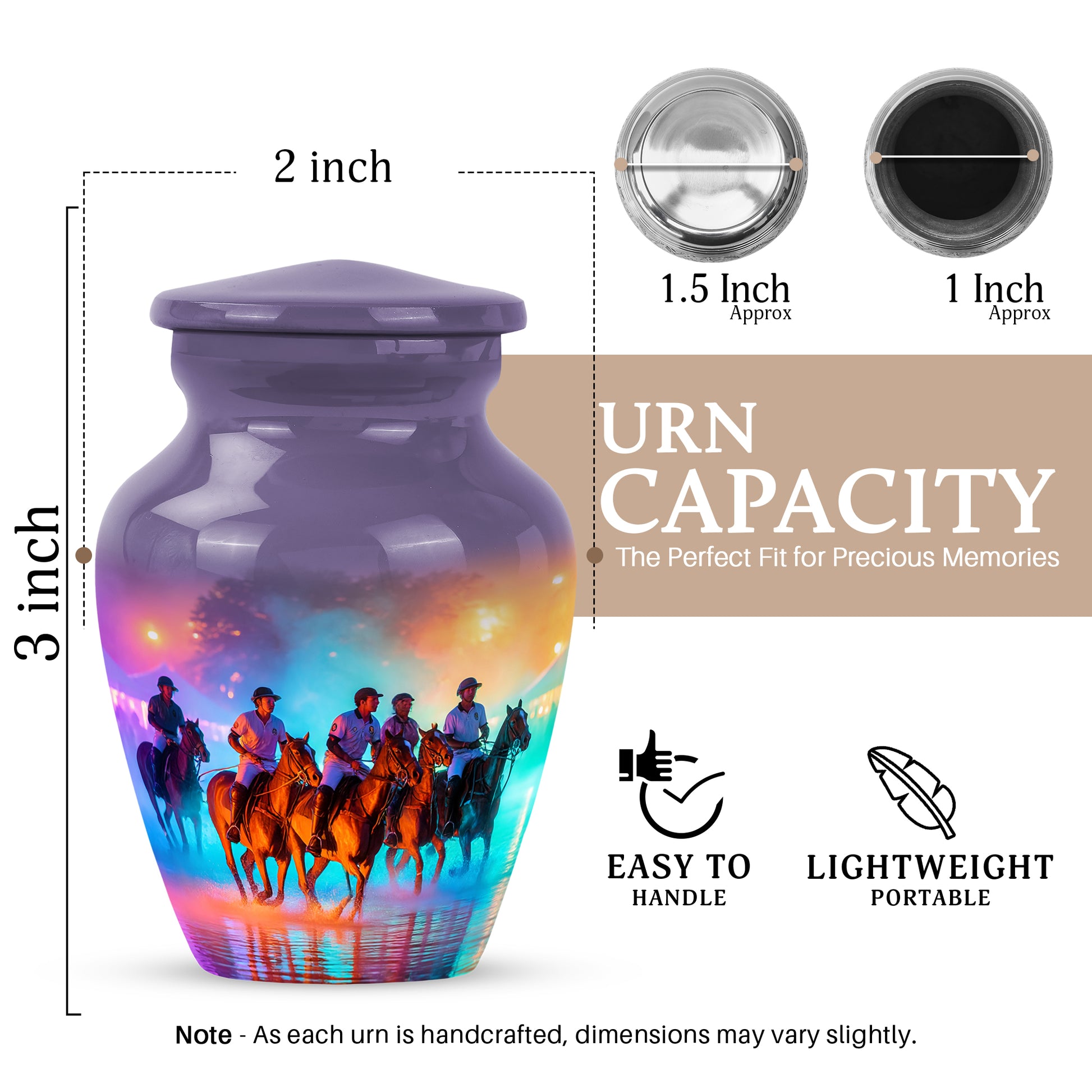 Lavender Purple Horse Polo Cremation Urn close-up of engraving and surface detail - traditional horse polo engraving with hand-polished finish - mini keepsake memorial for portion of cremation ashes