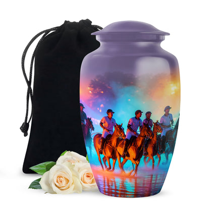 Orchid Purple Horse Polo Cremation Urn angled view of lid and engraved motif - timeless horse polo motif etched into premium metal - full-size 10 inch 200 cubic inch adult cremation urn