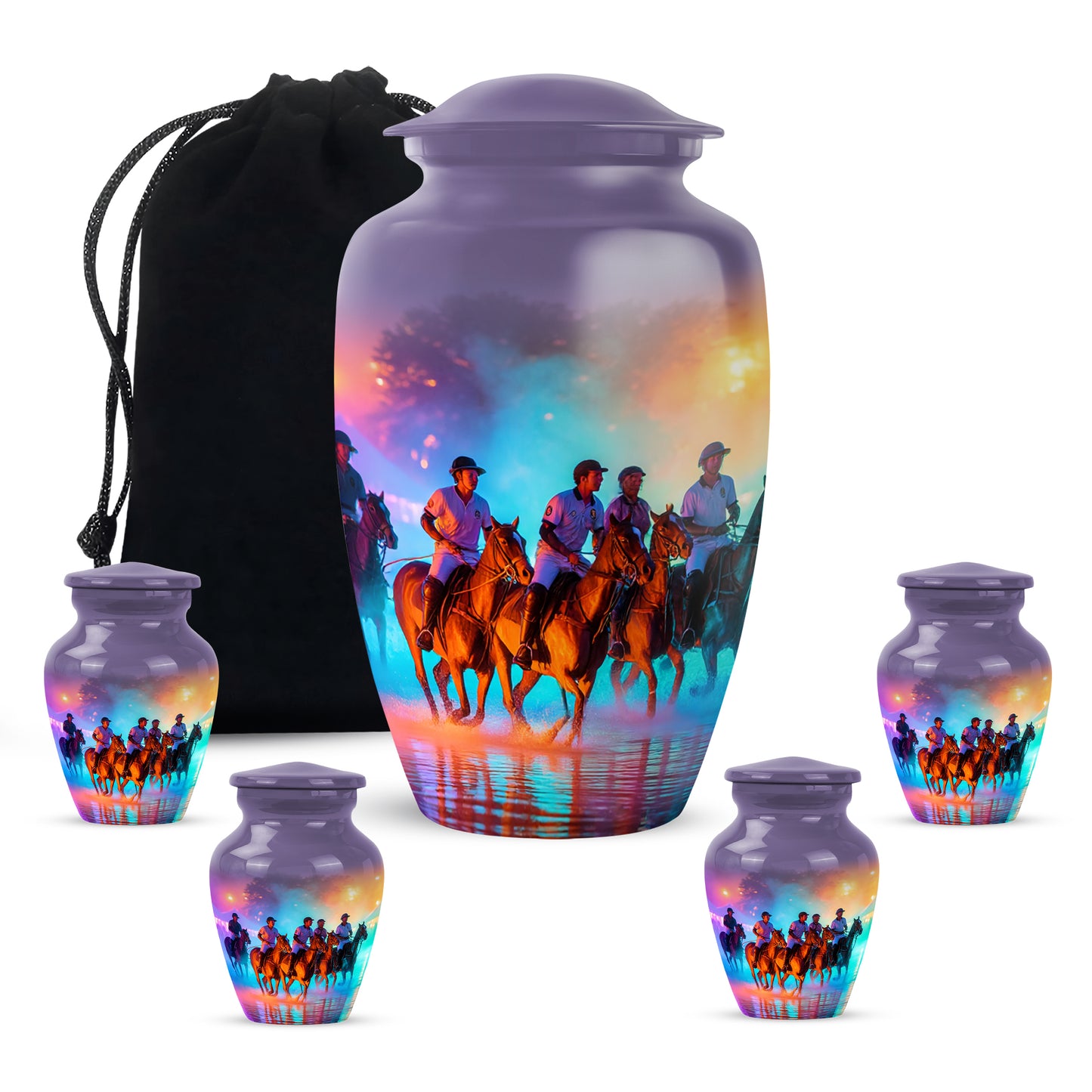 Royal Purple Horse Polo Cremation Urn top-down view of secure threaded lid - traditional horse polo engraving with hand-polished finish - memorial set with one large and four small urns
