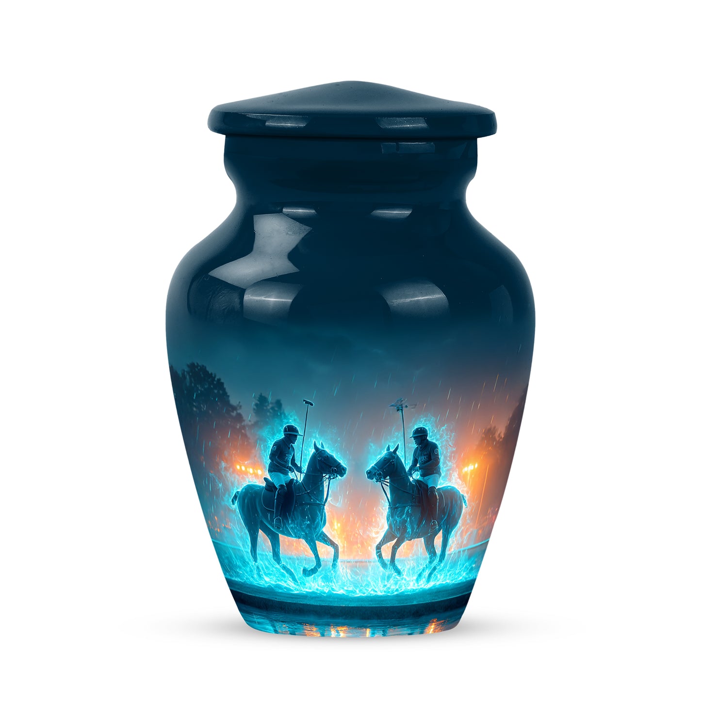 Blue Stately Horse Polo Cremation Urns for Human Ashes - 10-inch, 200 cu in - Yatskia