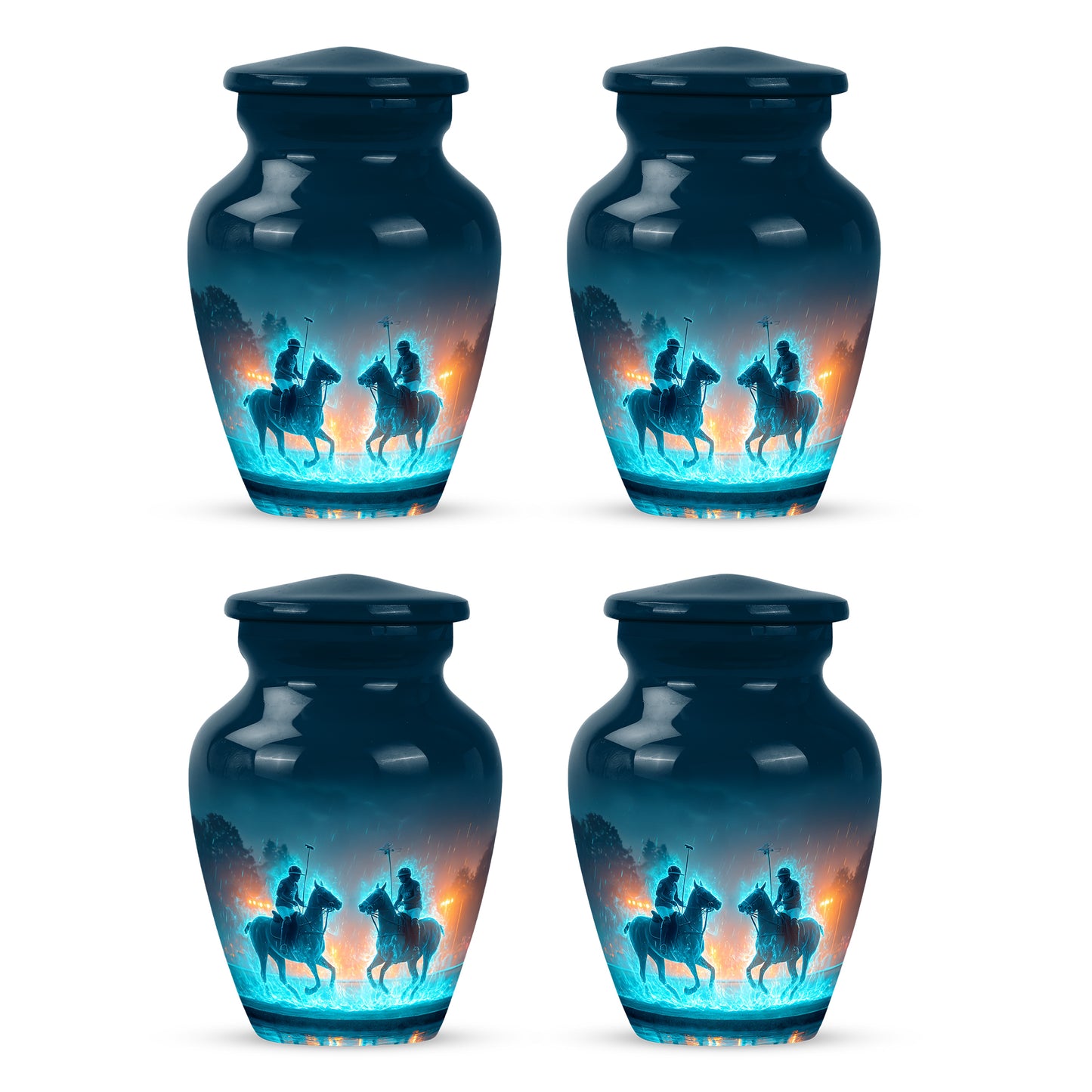 Vivid Blue Horse Polo Cremation Urn side profile showing urn shape - elegant classic horse polo relief with fine detailing - 10 inch aluminum urn for cremated remains