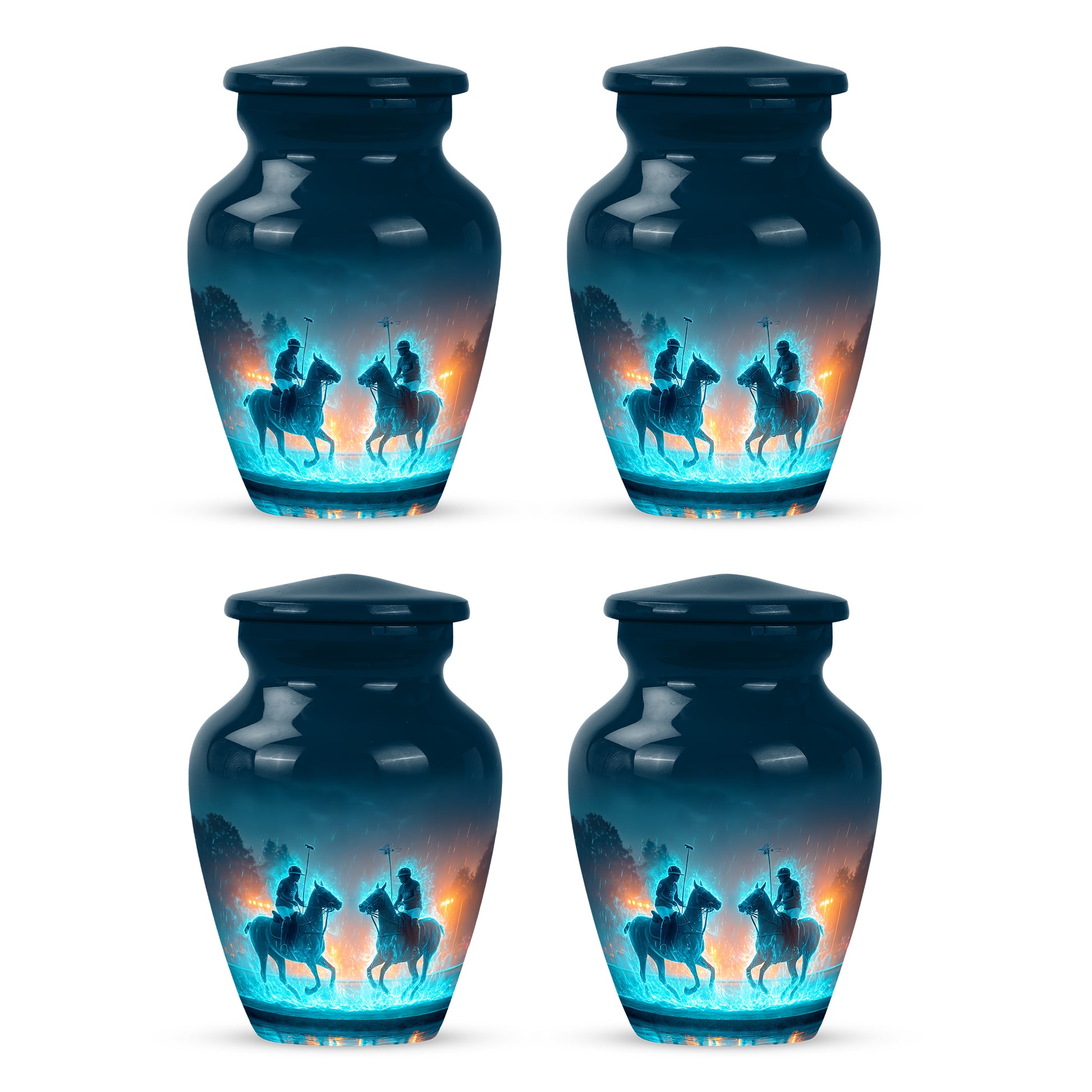 Vivid Blue Horse Polo Cremation Urn side profile showing urn shape - elegant classic horse polo relief with fine detailing - 10 inch aluminum urn for cremated remains