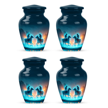 Vivid Blue Horse Polo Cremation Urn side profile showing urn shape - elegant classic horse polo relief with fine detailing - 10 inch aluminum urn for cremated remains