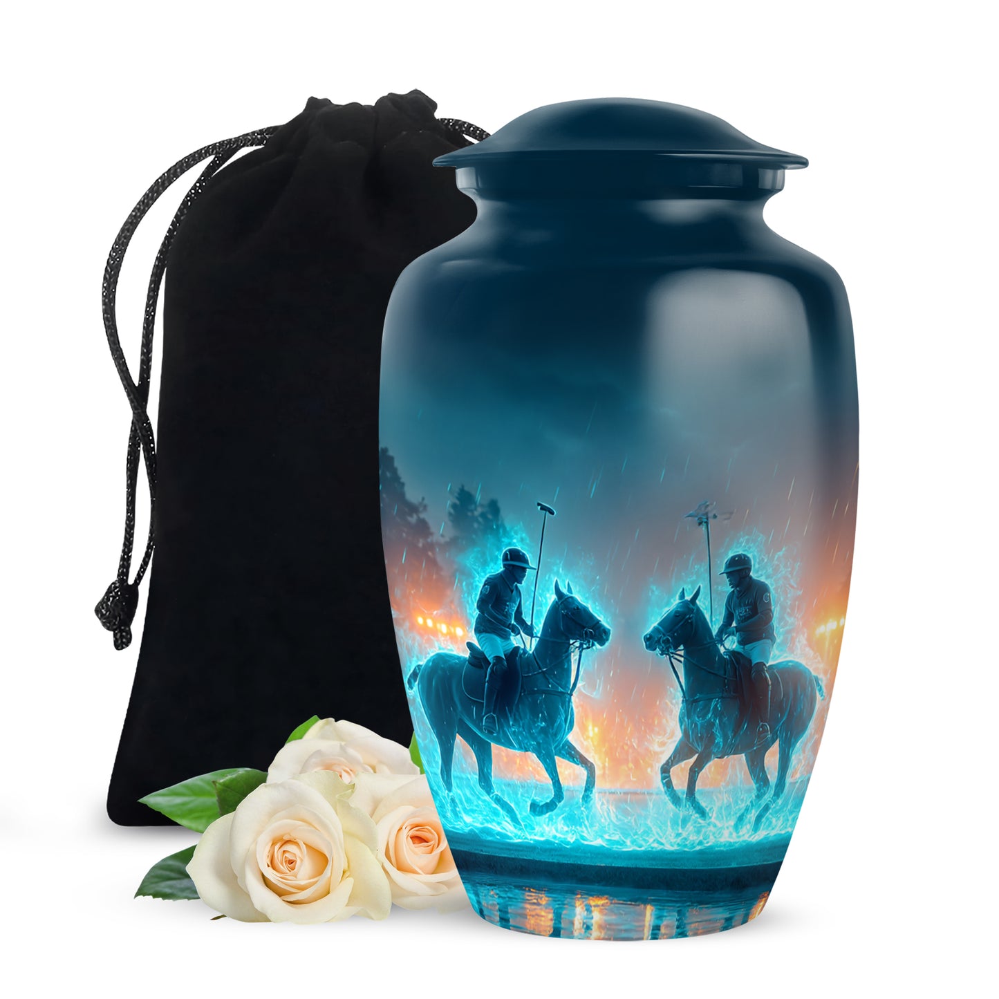 Cornflower Blue Horse Polo Cremation Urn angled view of lid and engraved motif - elegant classic horse polo relief with fine detailing - full-size 10 inch 200 cubic inch adult cremation urn