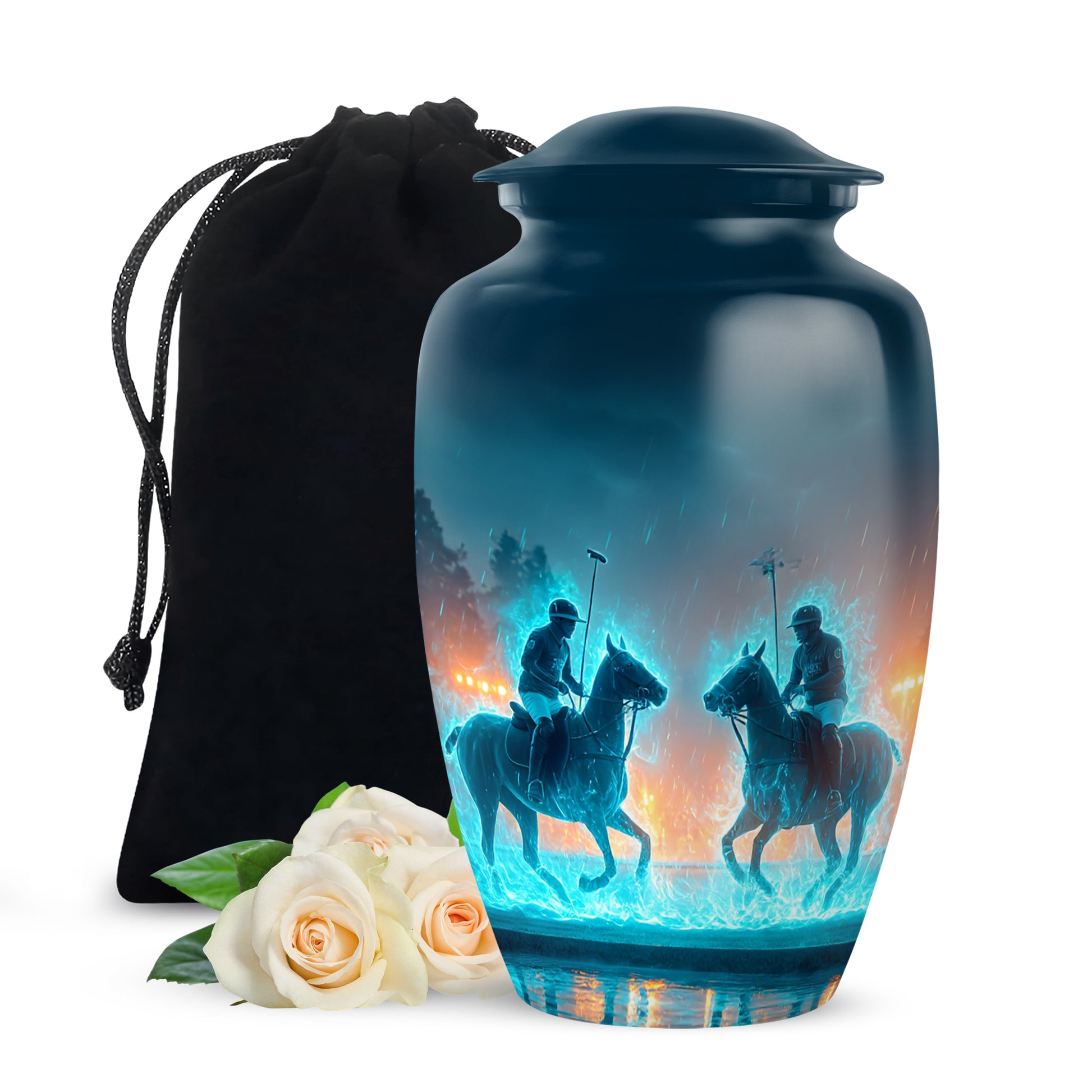 Cornflower Blue Horse Polo Cremation Urn angled view of lid and engraved motif - elegant classic horse polo relief with fine detailing - full-size 10 inch 200 cubic inch adult cremation urn