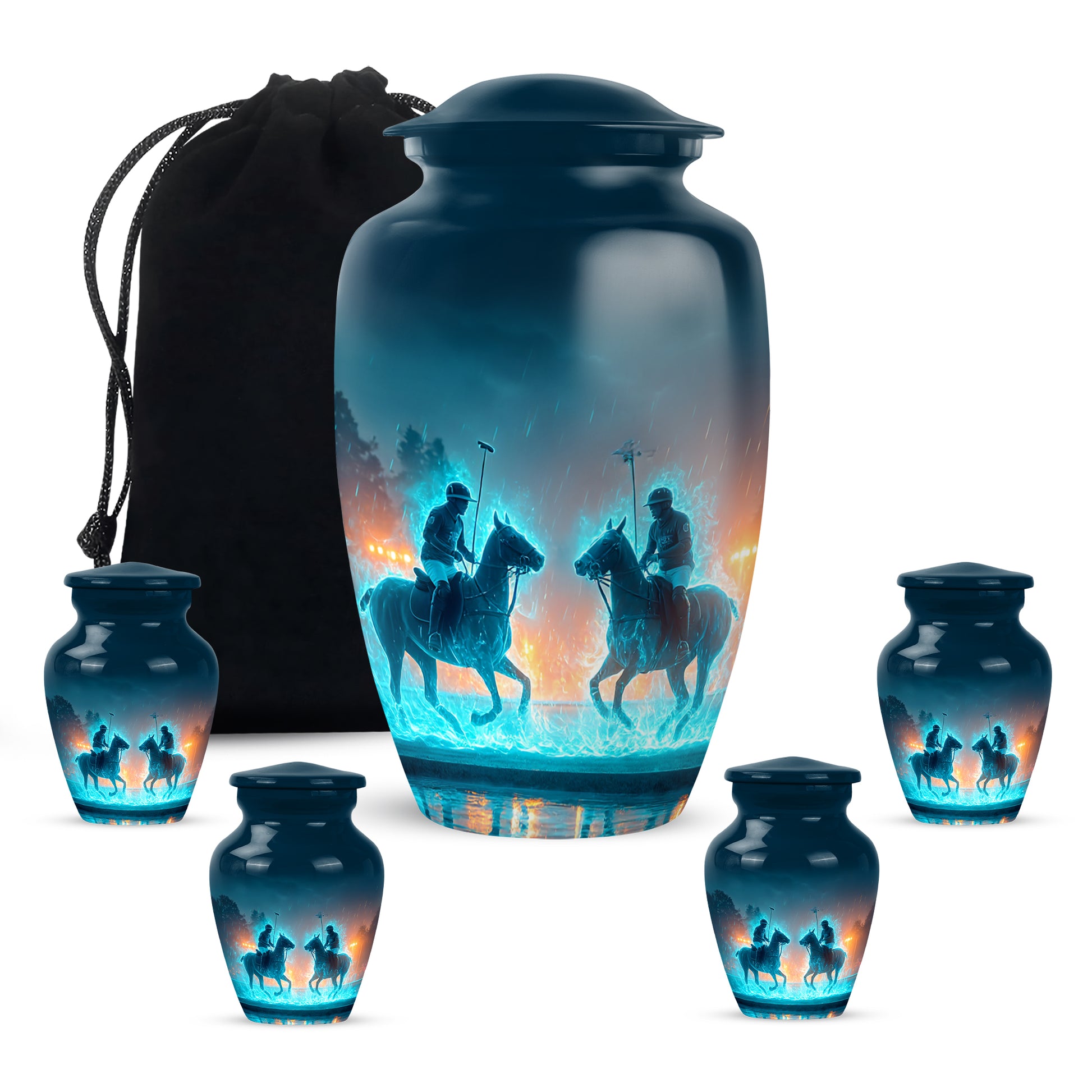 Twilight Blue Horse Polo Cremation Urn top-down view of secure threaded lid - elegant classic horse polo relief with fine detailing - memorial set with one large and four small urns