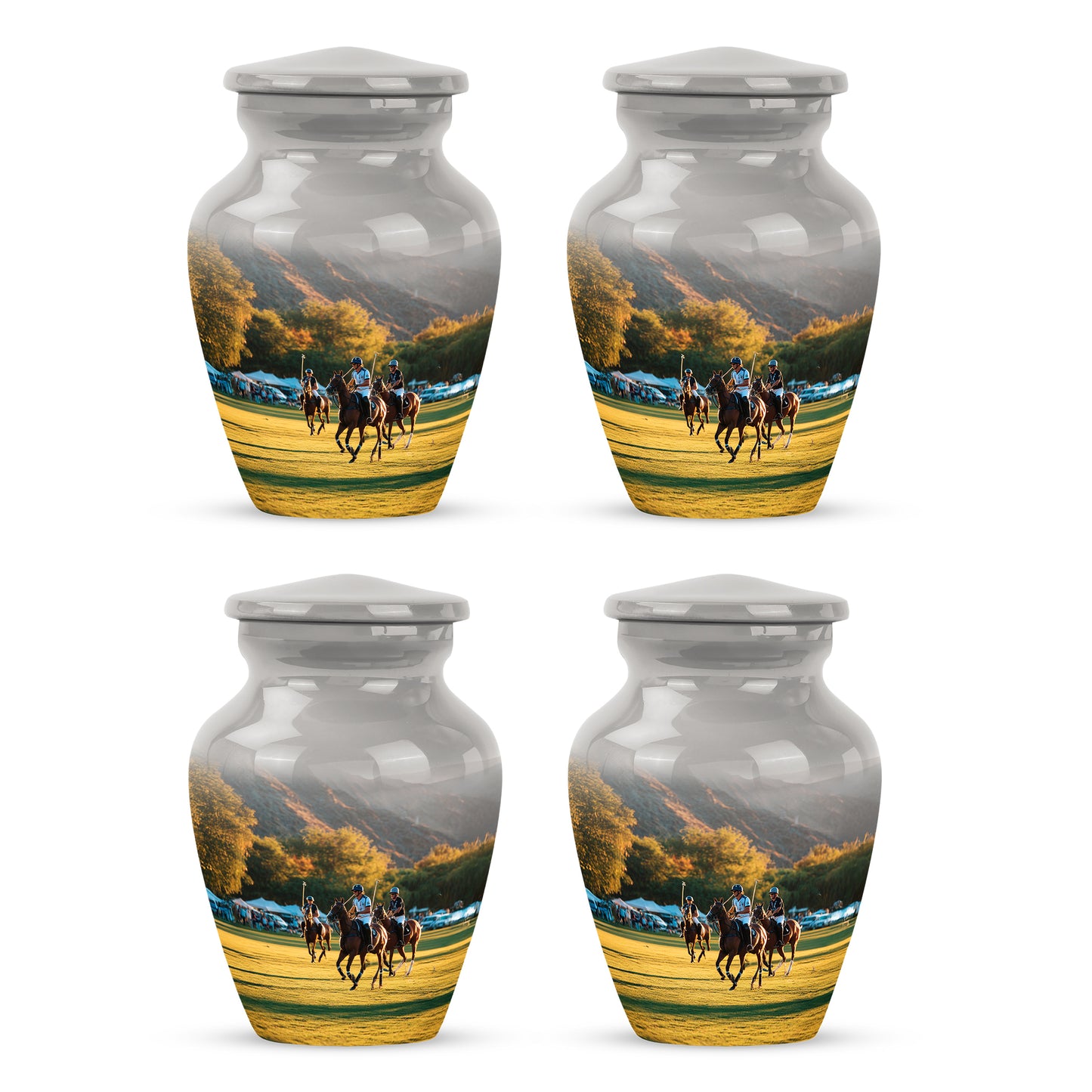 Chrome Silver Horse Polo Cremation Urn side profile showing urn shape - elegant classic horse polo relief with fine detailing - 10 inch aluminum urn for cremated remains