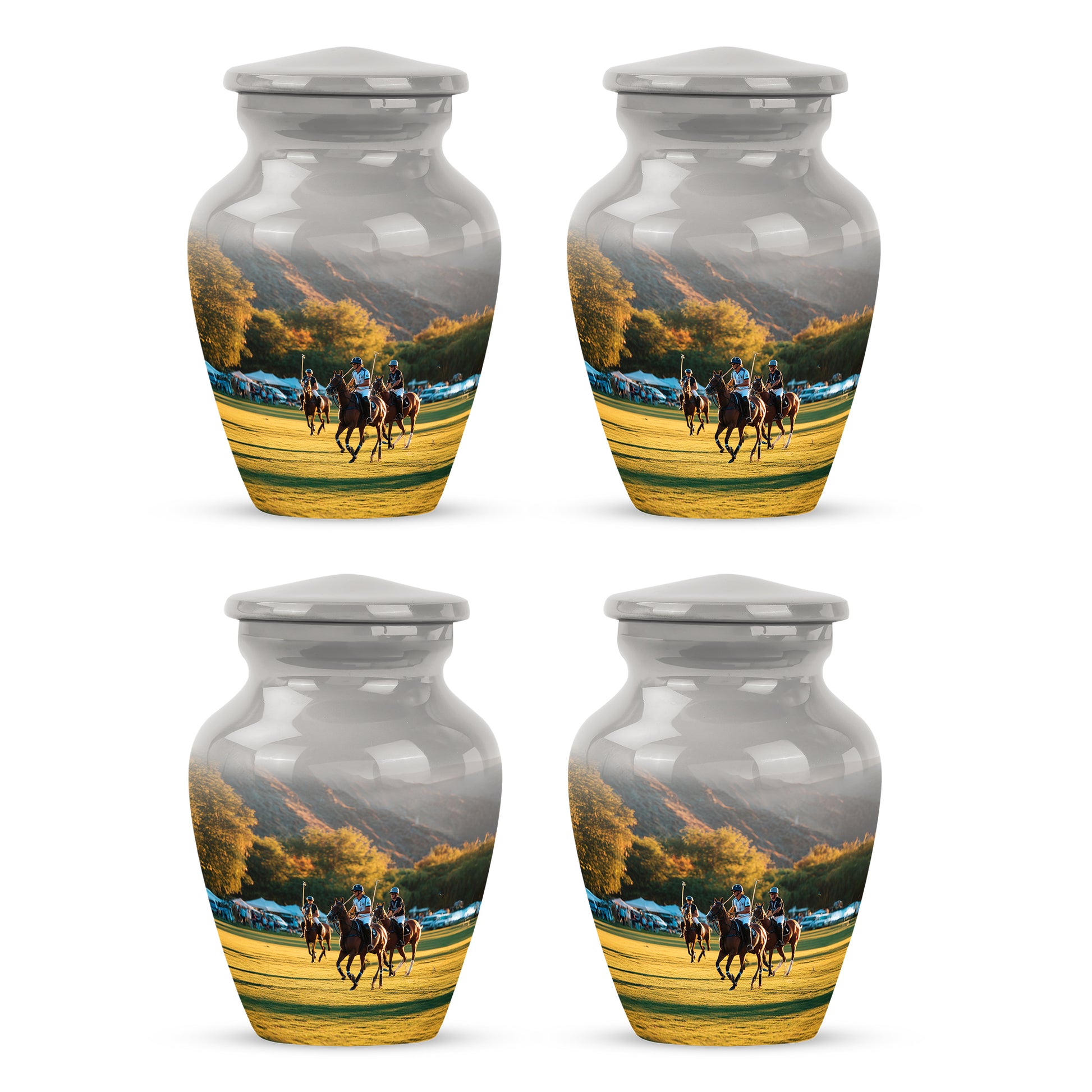 Chrome Silver Horse Polo Cremation Urn side profile showing urn shape - elegant classic horse polo relief with fine detailing - 10 inch aluminum urn for cremated remains