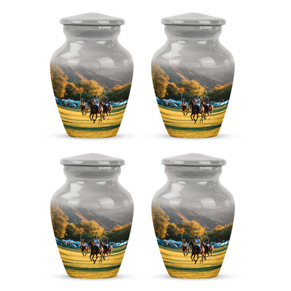 Chrome Silver Horse Polo Cremation Urn side profile showing urn shape - elegant classic horse polo relief with fine detailing - 10 inch aluminum urn for cremated remains
