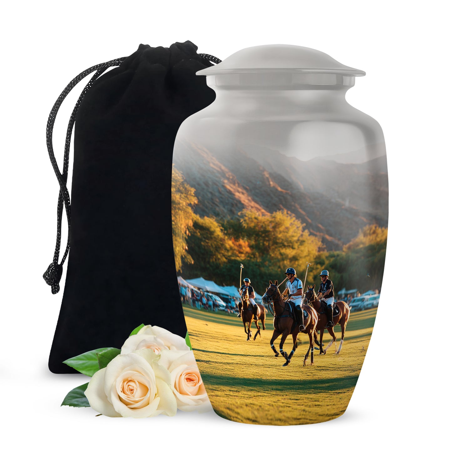 Gleaming Silver Horse Polo Cremation Urn angled view of lid and engraved motif - timeless horse polo motif etched into premium metal - full-size 10 inch 200 cubic inch adult cremation urn