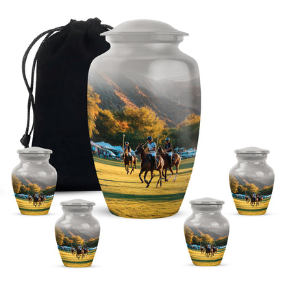 Chrome Silver Horse Polo Cremation Urn top-down view of secure threaded lid - elegant classic horse polo relief with fine detailing - memorial set with one large and four small urns