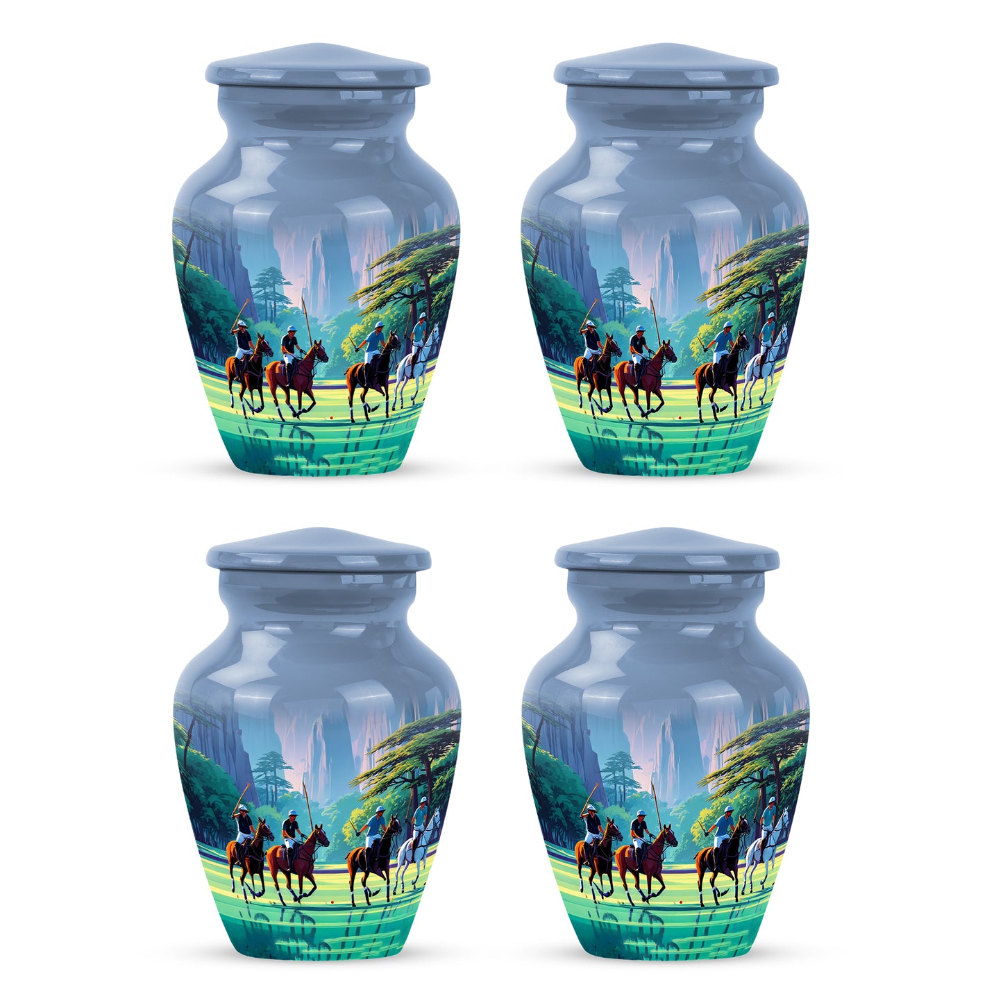 Slate Blue Horse Polo Cremation Urn side profile showing urn shape - classic sculpted horse polo pattern on smooth aluminum - 10 inch aluminum urn for cremated remains